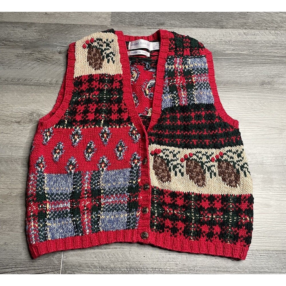 Vtg Robert Scott Ltd Hand Knit Christmas Sweater Vest Patchwork Pinecone Plaid L